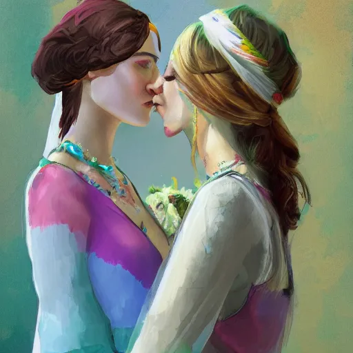 Prompt: lgbt wedding in 1 9 7 0 hippie fashion, digital painting, ultradetailed, artstation, oil painting, ultradetailed, artstation