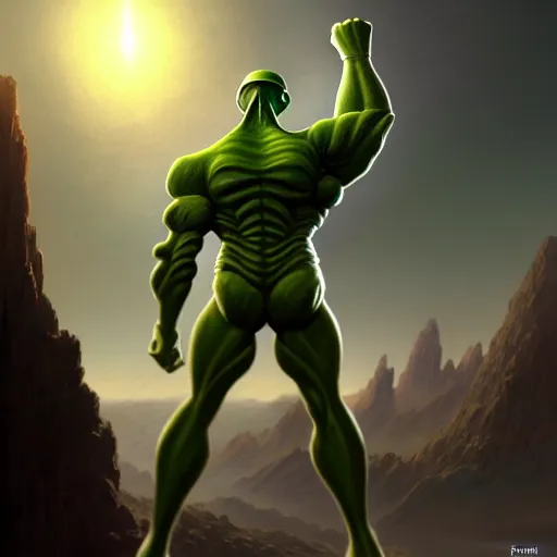 Prompt: a picture of a green giant humanoid with his fist up with futuristic brown suit with helmet, background ancient alien landscape, low angle, trending on deviantart, fantasy, intricate, highly detailed, lifelike, photorealistic, digital painting, artstation, illustration, concept art, smooth, sharp focus, artwork by frank frazetta