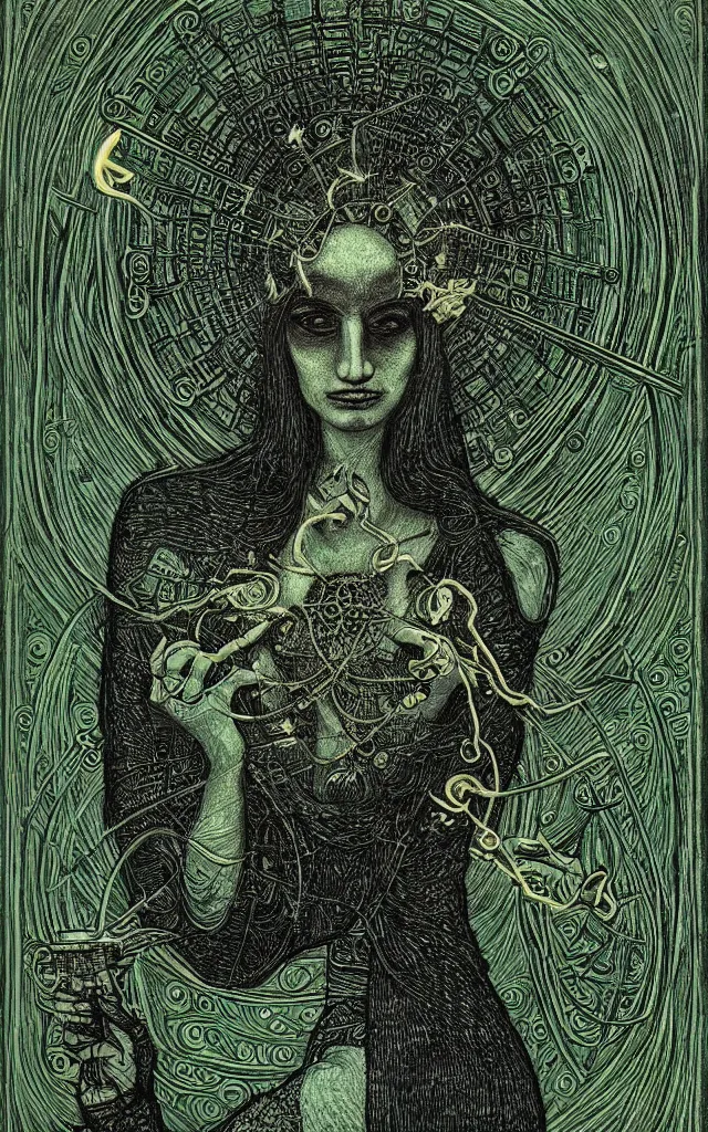 Prompt: tarot card of hecate the gloomy and beautiful goddess of witchcraft, torches, ancient keys, smokes, andrey remnev, black paper, etching, engraving, intricate line work, green line work details, mandelbulb fractal, portrait, trending on artstation, exquisite details, risography print, 4 k, 4 k