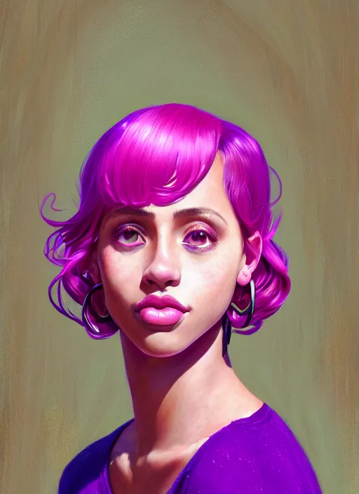 Image similar to portrait of teenage vanessa morgan with bright pink hair, vanessa morgan, curly pixie cut hair, wearing a purple breton cap, breton cap, hoop earrings, intricate, elegant, glowing lights, highly detailed, digital painting, artstation, concept art, smooth, sharp focus, illustration, art by wlop, mars ravelo and greg rutkowski