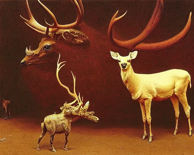 Prompt: Lama, Deer, Dog, Horse combined; fantastic sick damned mutant beast skin-with-inflated-blisters by Beksinski, Frederic Leighton, Hans Thoma, Asher Brown Durand