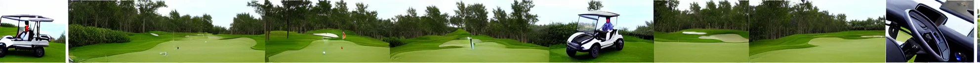 Image similar to 8 consistent frames from a video of a man driving golf cart on a golf course