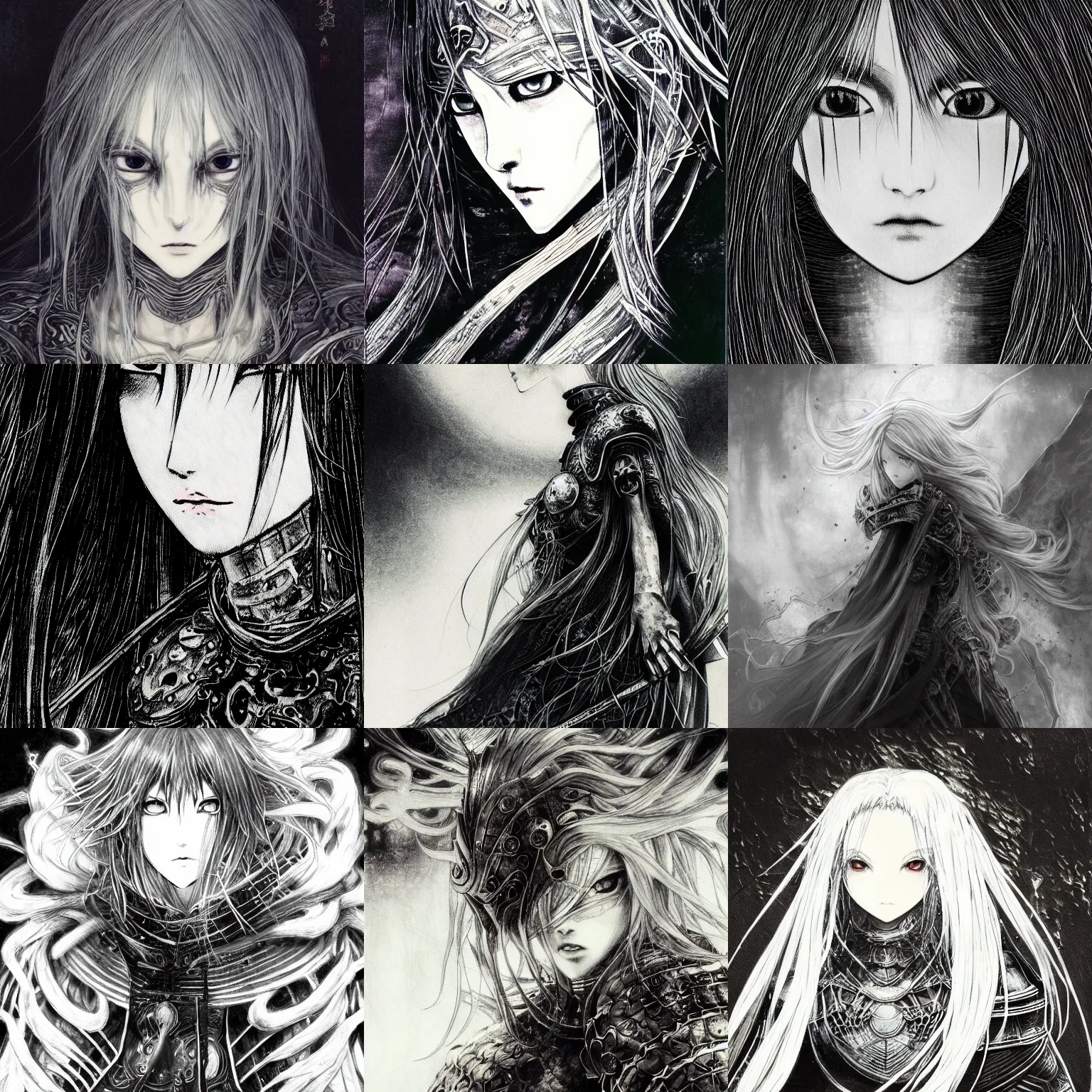 Prompt: yoshitaka amano blurred and dreamy illustration of an anime girl with black eyes, long wavy white hair and cracks on her face wearing elden ring armor with the cloak, dark souls boss, engraved armor, abstract black and white patterns in the background, noisy film grain effect, highly detailed, renaissance oil painting, weird portrait angle, head turned to the side