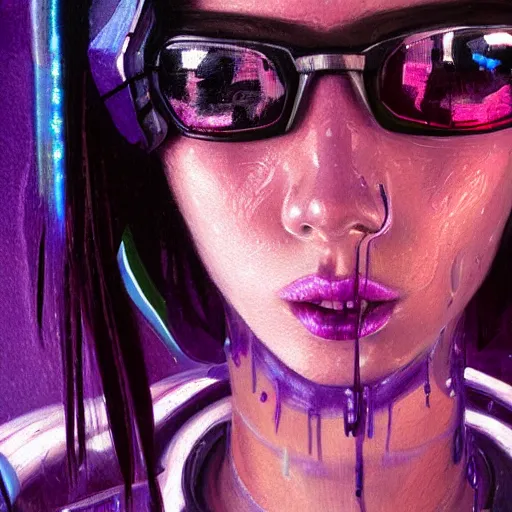 Image similar to very detailed masterpiece painting of a very beautiful wet young mexican cyberpunk woman with blue shutter shades, shaved one side haircut, dark purple hair, purple leather jacket, closeup, cyberpunk background, purple lighting, raining, portrait, artstation, concept art by greg rutkowski