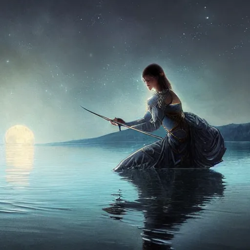 Image similar to excalibur in the middle of a lake under a giant full moon, rippling reflections, romantic, cinematic, intricate, elegant, highly detailed, artstation, concept art, smooth, sharp focus, art by WLOP and artgerm and greg rutkowski and alphonse mucha