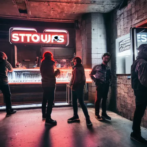 Image similar to photograph of retro techwear people holding solo cups loitering near the bar of a busy rundown nightclub, retrofuturism, brutalism, cyberpunk, sigma 85mm f/1.4, 35mm, 4k, depth of field, high resolution, 4k, 8k, hd, highly detailed, full color