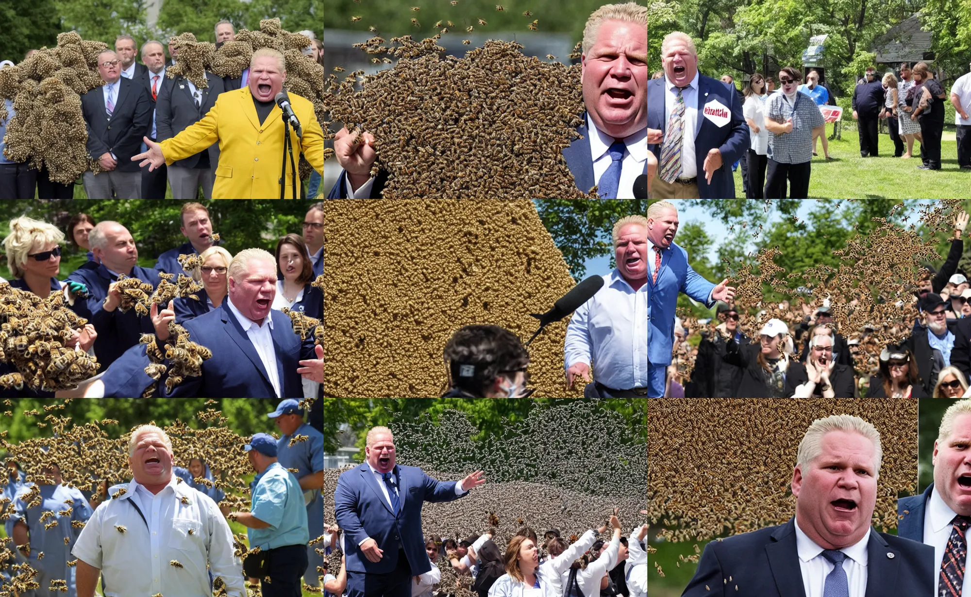 Prompt: doug ford yelling at healthcare workers being stung by a swarm of bees