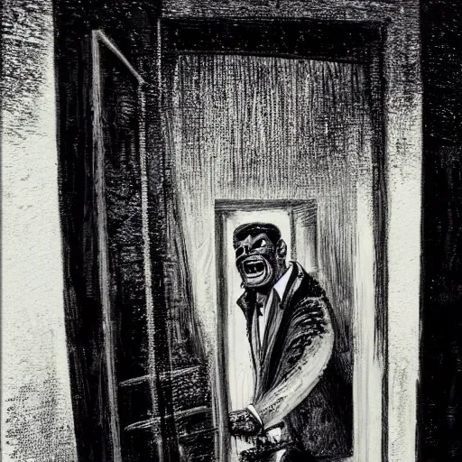 Image similar to Matt Gaetz with a wide grin wielding a chainsaw peaking through a door in the distance at the end of a narrow corridor, black and white, creepy lighting, scary, horror, ornate, eerie, fear, oil painting