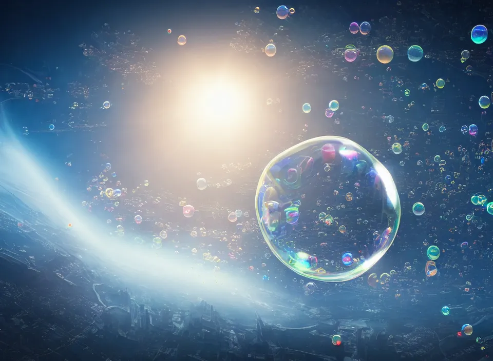 Prompt: A bubble floating in space containing a vibrant futuristic technologically advanced utopian city with drones, the beautiful landscape is backlit by sunlight. Cinematic, Award winning, ultra high resolution, intricate details, UHD 8K