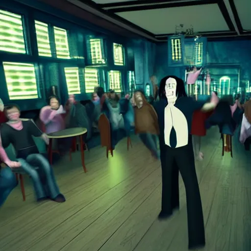 Prompt: Severus Snape dance in a bar, cheer by everyone, fish lens, neon, realistic, full body, very detailed, super realistic
