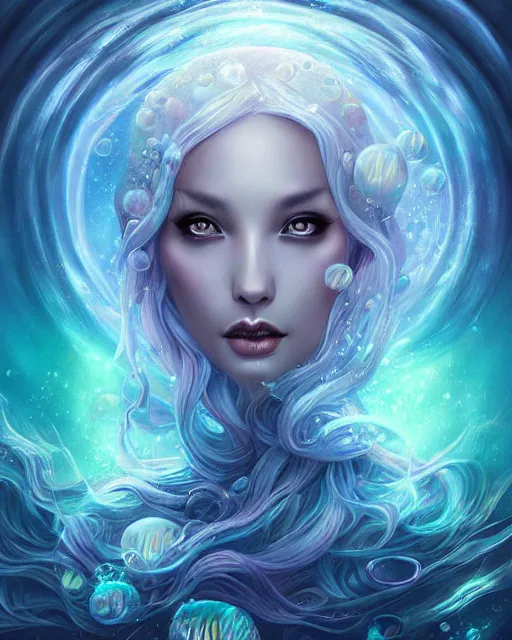 Prompt: dark futurepunk underwater bubbly scenery, fantasy priestess portrait by artgerm, anna dittmann