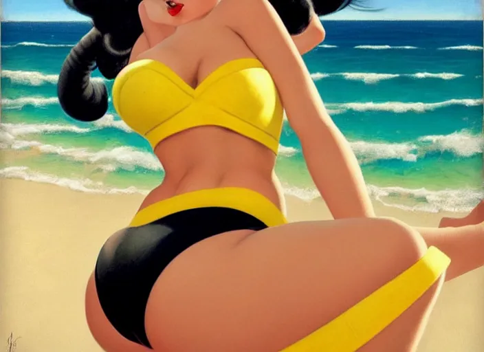 Image similar to the style of the artist gil elvgren, a girl with black hair, overwatch tracer, with a very beautiful symmetrical face, a smile on her face, tanned skin, in a yellow bikini, against the background of a sea beach, in art style, high detail, digital painting, hyperrealism