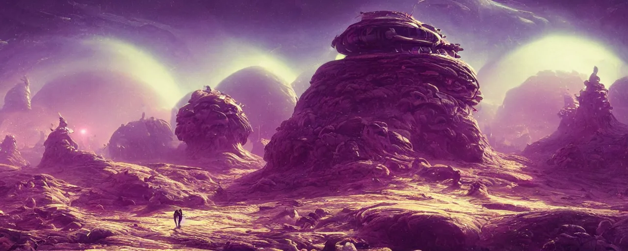 Image similar to ” mysterious and whimsical alien landscape, [ inviting, cinematic, detailed, epic, widescreen, opening, establishing, mattepainting, photorealistic, realistic textures, octane render, art by slop and paul lehr ] ”