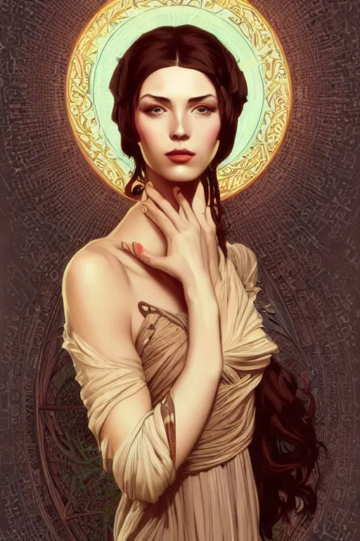 Image similar to high priestess, no noise, elegant, concept art, sharp focus, beautiful face!!, digital art, smooth defined outlines!!, human anatomy, human structure, vector background, by Brom, trending on Artstation, Alphonse Mucha, Tom Bagshaw, Sargent