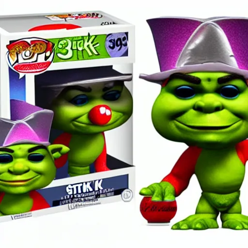 Image similar to 3D render vinyl Funko Pop Shrek figures with clown makeup, realism, 8K, RTX