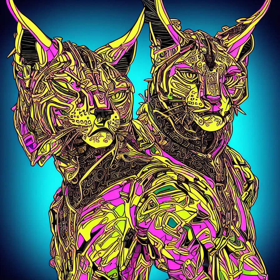 Image similar to a maximalist very detailed antropomorphic humanoid android with a head of a lynx. lowbrow blacklight color palette. artwork by subjekt zero