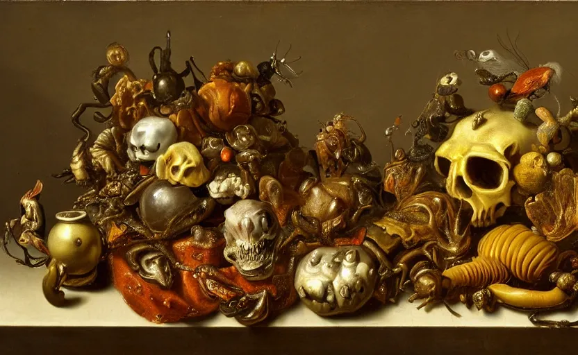 Prompt: disturbing grotesque dutch golden age vanitas still life with bizarre objects strange gooey surfaces siny metal bizarre insects rachel ruysch very detailed perfect composition rule of thirds masterpiece