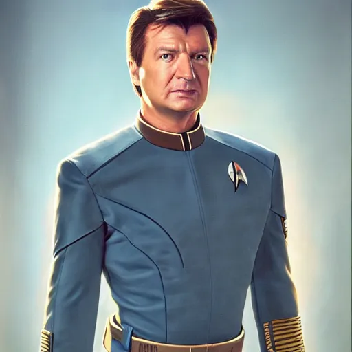 Prompt: A portrait of Nathan Fillion in a starfleet uniform, highly detailed photorealistic, unreal 5, hugh definition, 8k, deviantart, donato giancola, oil painting