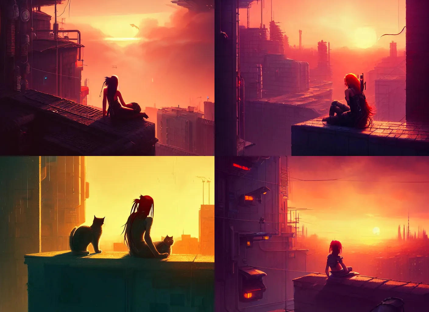 Prompt: Lonely girl sitting with cat at the roof, looking at cyberpunk Skyscrewers, sunset, dungeons and dragons cyberpunk landscape, sharp focus, illustration, 4k art wallpaper by Wojtek Fus and Greg Rutkowski and Allyn Spiller