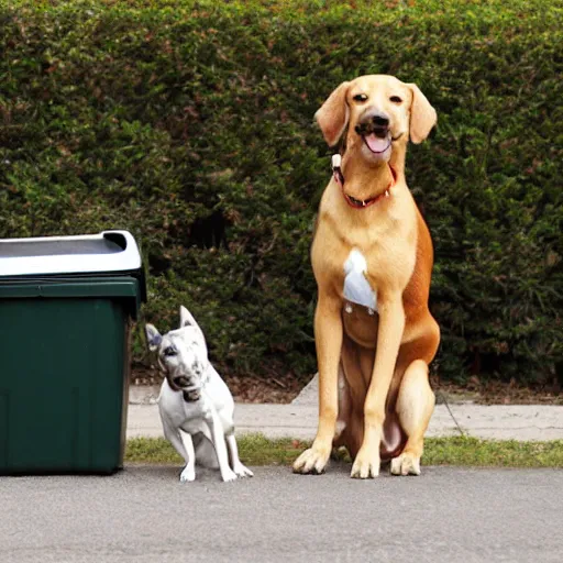 Prompt: garbage bin and dog