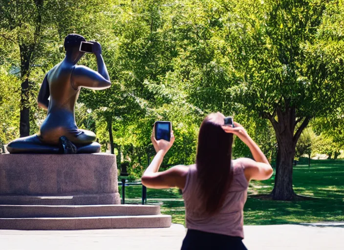 Image similar to photo still of a bronze statue of a woman using an iphone to take a selfie in a park on a bright sunny day, 8 k 8 5 mm f 1 6