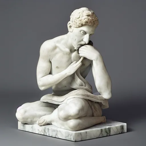 Image similar to a marble statue frustrated with a laptop