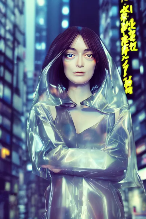 Prompt: Kodak Portra 400, 8K, highly detailed, wachowski seinen manga 3/4 extreme closeup portrait, eye contact, focus on clear transparent raincoat replicant blonde girl model, tilt shift zaha hadid style anime background: famous blade runner anime remake, tokyo izakaya scene