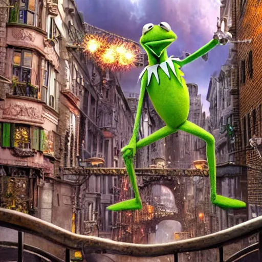 Image similar to Kermit the Frog as an actual human being by P. Craig Russell and Barry Windsor-Smith, Sesame Street, 8k octane beautifully detailed render, post-processing, extremely hyperdetailed, intricate, epic composition, grim yet sparkling atmosphere, cinematic lighting + masterpiece