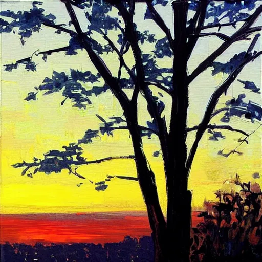 Prompt: pittsburgh, distant, sunset, trees, looking down, art by sherree valentine daines