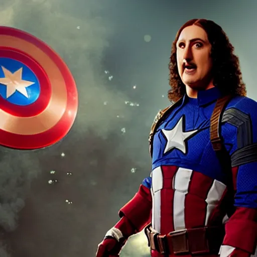 Image similar to film still of weird al as captain america, full body shot, hero pose, fireworks in the background