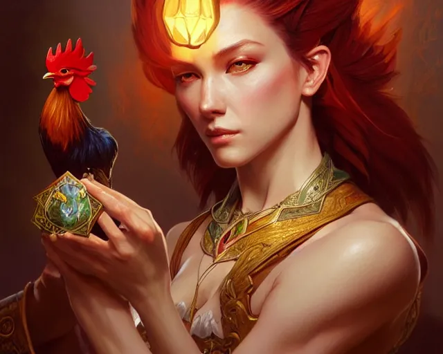 Prompt: rooster, deep focus, d & d, fantasy, intricate, elegant, highly detailed, digital painting, artstation, concept art, matte, sharp focus, illustration, hearthstone, art by artgerm and greg rutkowski and alphonse mucha