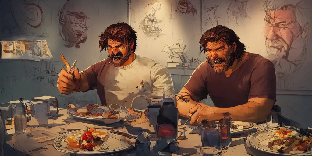 Image similar to cartoonish kurt russel eating dinner, vivid colors, character sheet, fine details, concept design, contrast, kim jung gi, greg rutkowski, trending on artstation, 8 k, full body, turnaround, front view, back view, ultra wide angle