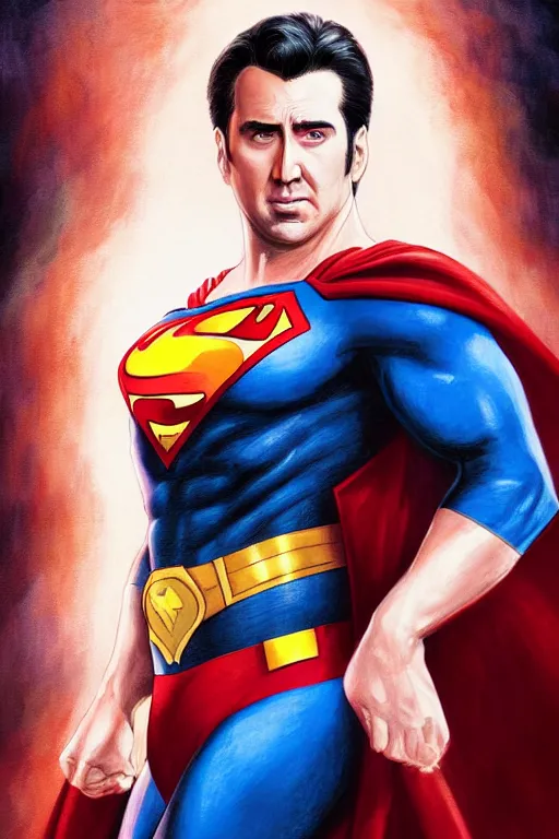 Image similar to Portrait of Nicolas Cage as superman, DC, justice league, cinematic lighting, intricate, elegant, highly detailed, digital painting, artstation, painted by Artgerm and Mark Waid and Greg Rutkowski and Mandy Jurgens and Snyder
