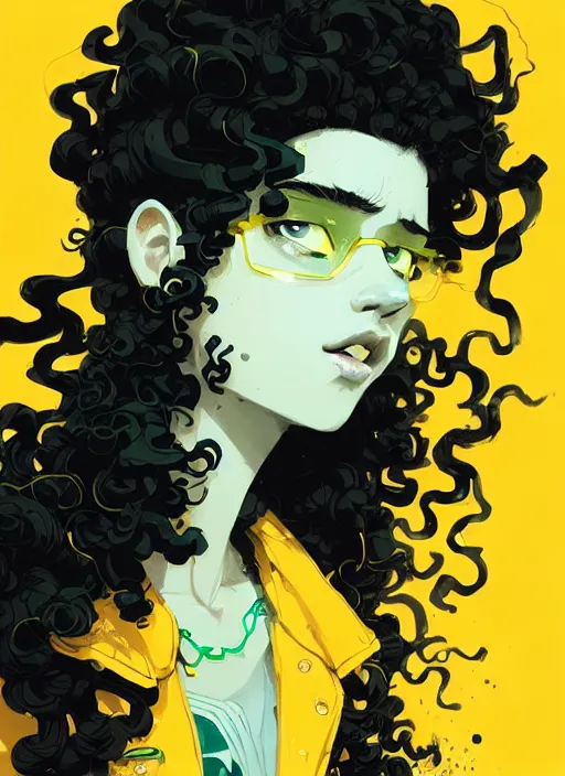 Prompt: highly detailed closeup portrait of nice curly green shades hair teen girl, curly hair, black and yellow suit by atey ghailan, by greg rutkowski, by greg tocchini, by james gilleard, by joe fenton, by kaethe butcher, gradient orange, black and white color scheme, grunge aesthetic!!! ( ( graffiti tag wall background ) )