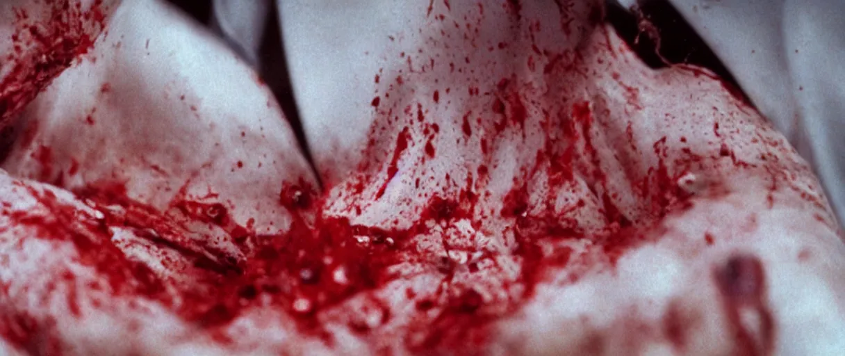 Image similar to filmic closeup dutch angle movie still 4k UHD 35mm film color photograph of a screaming horrified doctor looking down at his freshly amputated hand, where his wrist has been freshly severed, blood is gushing from the wound