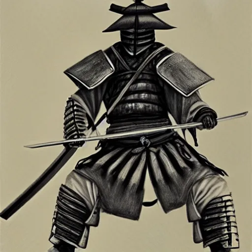 Prompt: A samurai in bulky armor wielding an eight foot long katana, charcoal, pastel, desaturated, surreal, realistic, feudal japan