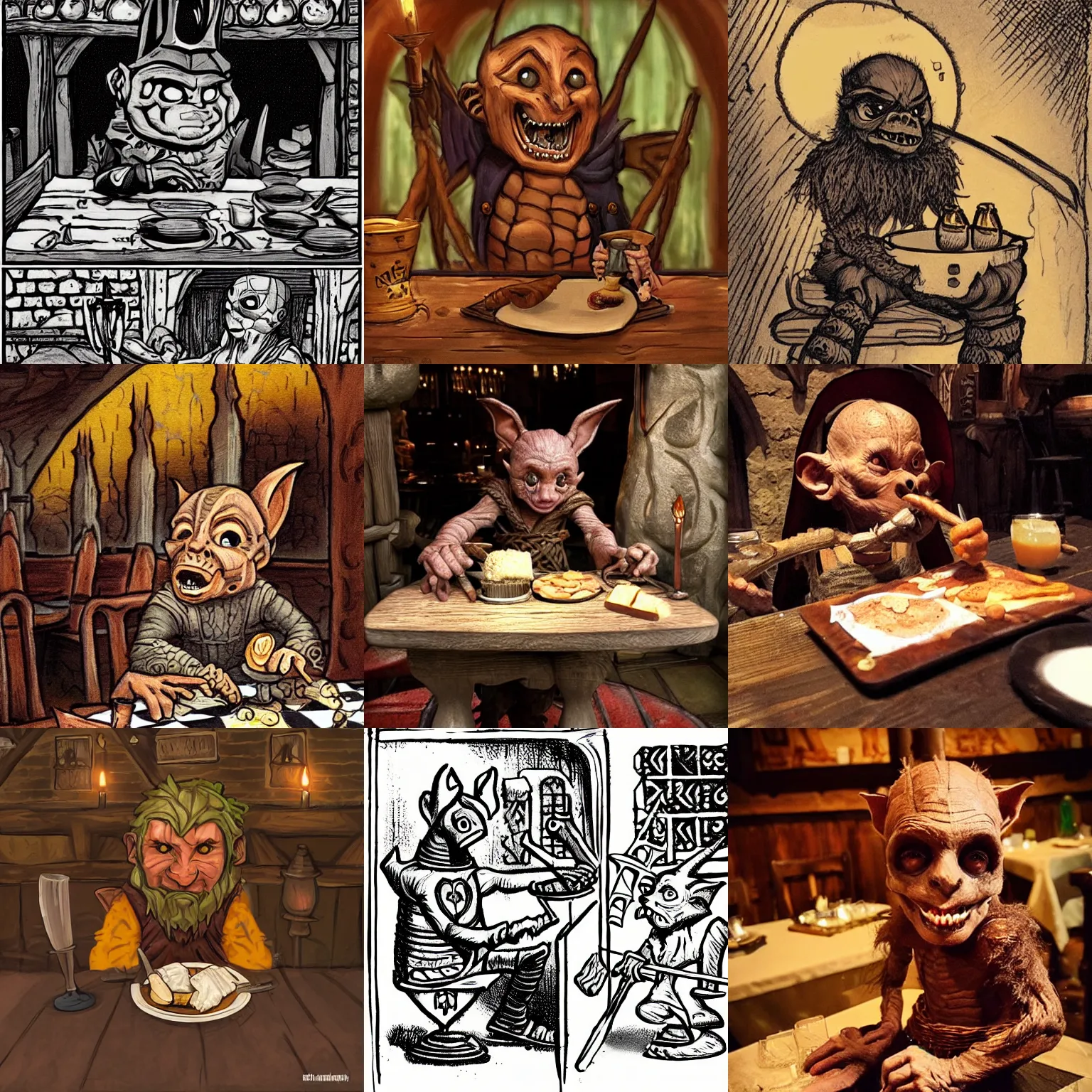 Prompt: Eerie cute hobgoblin sitting at a medieval restaurant enjoying mead and bread, fantasy, inspired by DND, Hyperdetailed, stylized