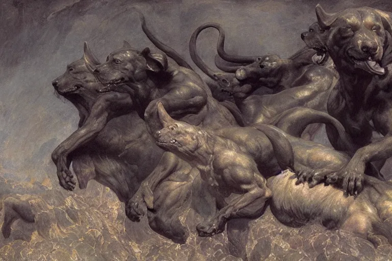 Image similar to hyperdetailed matte art of cerberus by william blake, ilya repin, amano, rene magritte, craig mullins, three headed dog, details