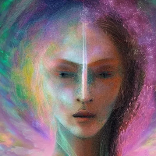 Image similar to beautiful detailed artistic portrait of a person travelling between different astral planes. grainy and rough. fine detail. soft colour scheme. artistic painting by lurid ( 2 0 2 2 ). featured on deviantart.