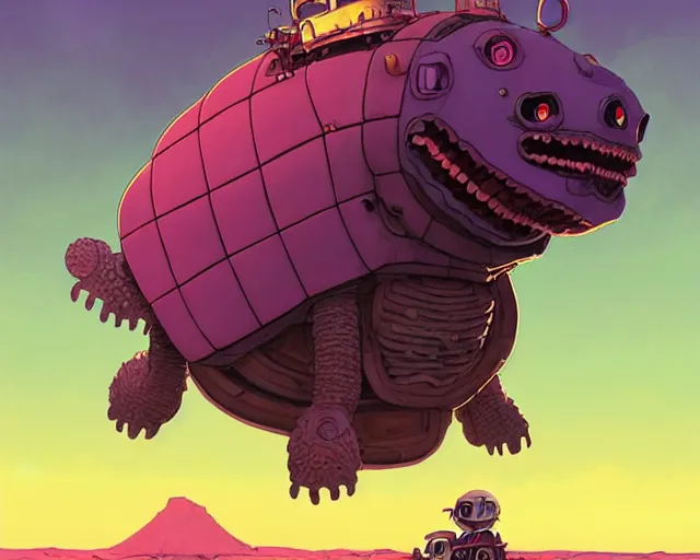 Prompt: a cell shaded cartoon giant lovecraftian mechanized turtle from howl's moving castle ( 2 0 0 4 ), with a big head, on a desert road, full body, wide shot, pink light, golden hour, post grunge, concept art by josan gonzales, wlop, by james jean, victor ngai, hq, deviantart, art by artgem