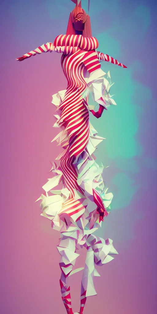 Image similar to anthropomorphic candy woman wearing a flowing paper couture dress striped like a candy cane, paper candy people, paper origami candy, pastel lighting, 3D, very detailed, octane render, trending ArtStation, artgem