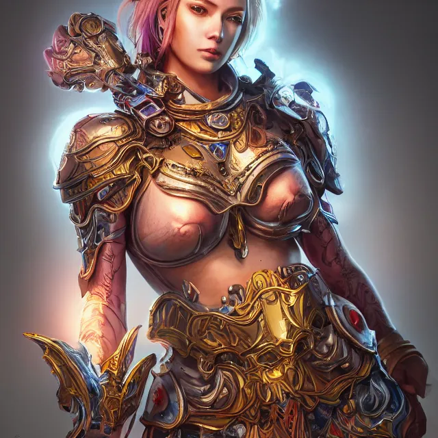 Image similar to studio portrait of lawful good colorful female holy mech paladin as absurdly beautiful, elegant, young sensual woman, ultrafine hyperrealistic detailed face illustration by kim jung gi, irakli nadar, intricate linework, sharp focus, bright colors, matte, octopath traveler, final fantasy, unreal engine highly rendered, global illumination, radiant light, intricate environment