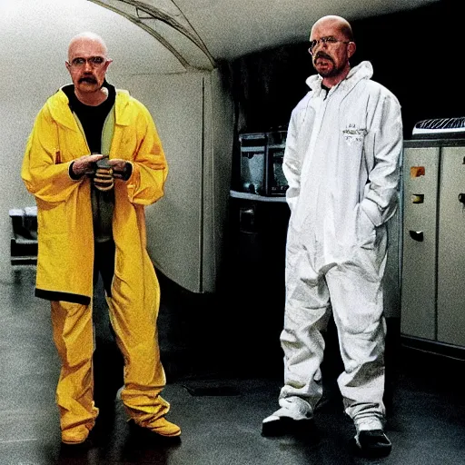 Image similar to walter white and jesse pinkman in gus frings underground laboratory on top of howard hamlin and lalo salamunca