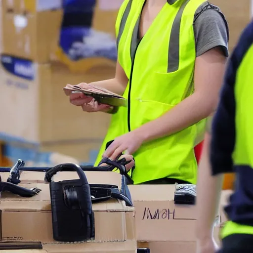 Prompt: photo, close up, emma watson in a hi vis vest, in amazon warehouse, portrait, point and shoot camera,