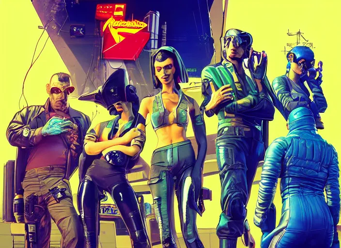 Prompt: cyberpunk heist crew. portrait by stonehouse and mœbius and will eisner and gil elvgren and pixar. character design. realistic proportions. dystopian. cyberpunk 2 0 7 7, apex, blade runner 2 0 4 9 concept art. cel shading. attractive face. thick lines. hi def 4 k. detailed scene.