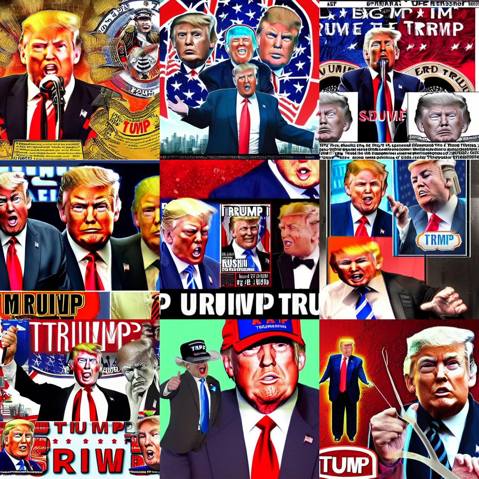 Prompt: David Dees Conspiracy Image featuring Donald Trump and misspellings of the word Trump Trump Trump Trump