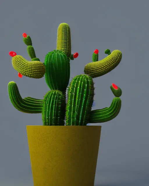 Image similar to Joshua Cotter, 3d hard surface design, octane rendered, robotic bionic Cactus with fruits design, hardops, box cutter, artstation trending, wow, 8k, edon guraziu