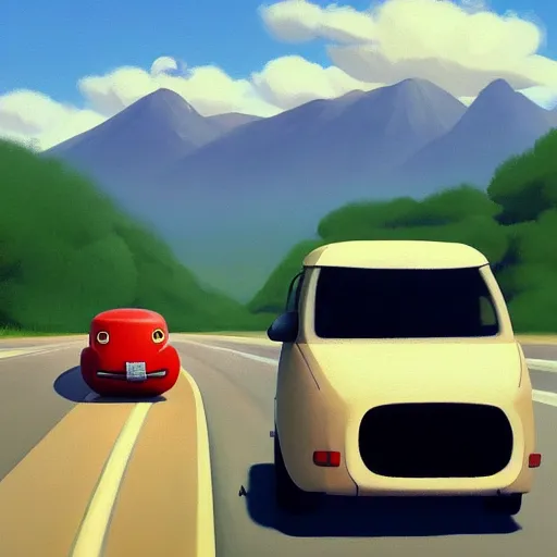 Image similar to goro fujita ilustration car on the highway, in the distance you can see the mountains, painting by goro fujita, sharp focus, highly detailed, artstation