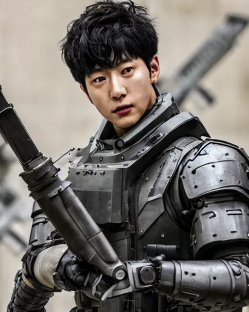 Prompt: Korean Actor Park Solomon as Kazuki Fuse in Live Action Jin Roh: The Wolf Brigade, wearing full armor holding his MG 42 machine Gun, Studio Lighting, Mamoru Ushii