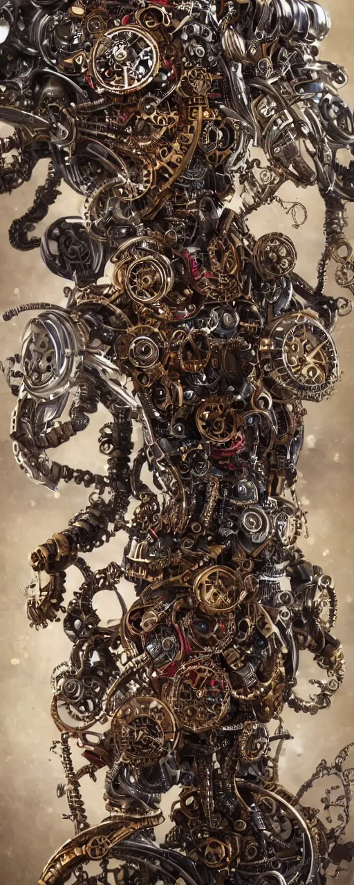 Prompt: full body portrait of a steampunk sci-fi cyborg pirate bionic man, third person, D&D, sci-fi fantasy, cogs and springs and jewels, intricate, gold with black and red fringe highlights, highly detailed, art by Range Murata, highly detailed, 3d, octane render, bright colors, digital painting, trending on artstation, sharp focus, illustration style of Stanley Artgerm, dramatic cinematic background